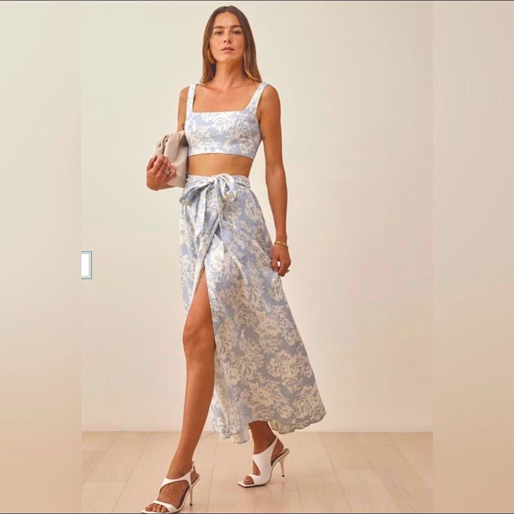 REFORMATION linen 2 Pc Set Blue Floral